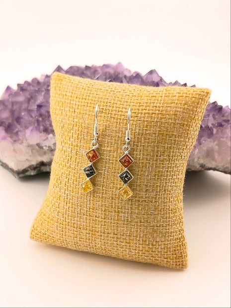 Sterling Silver Trilogy Mixed Amber Drop Earrings