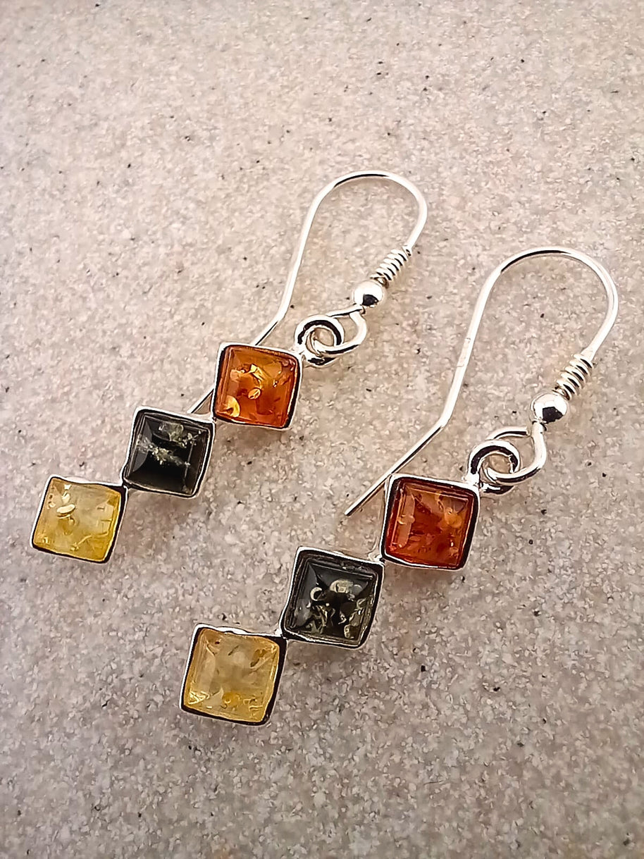 Sterling Silver Trilogy Mixed Amber Drop Earrings