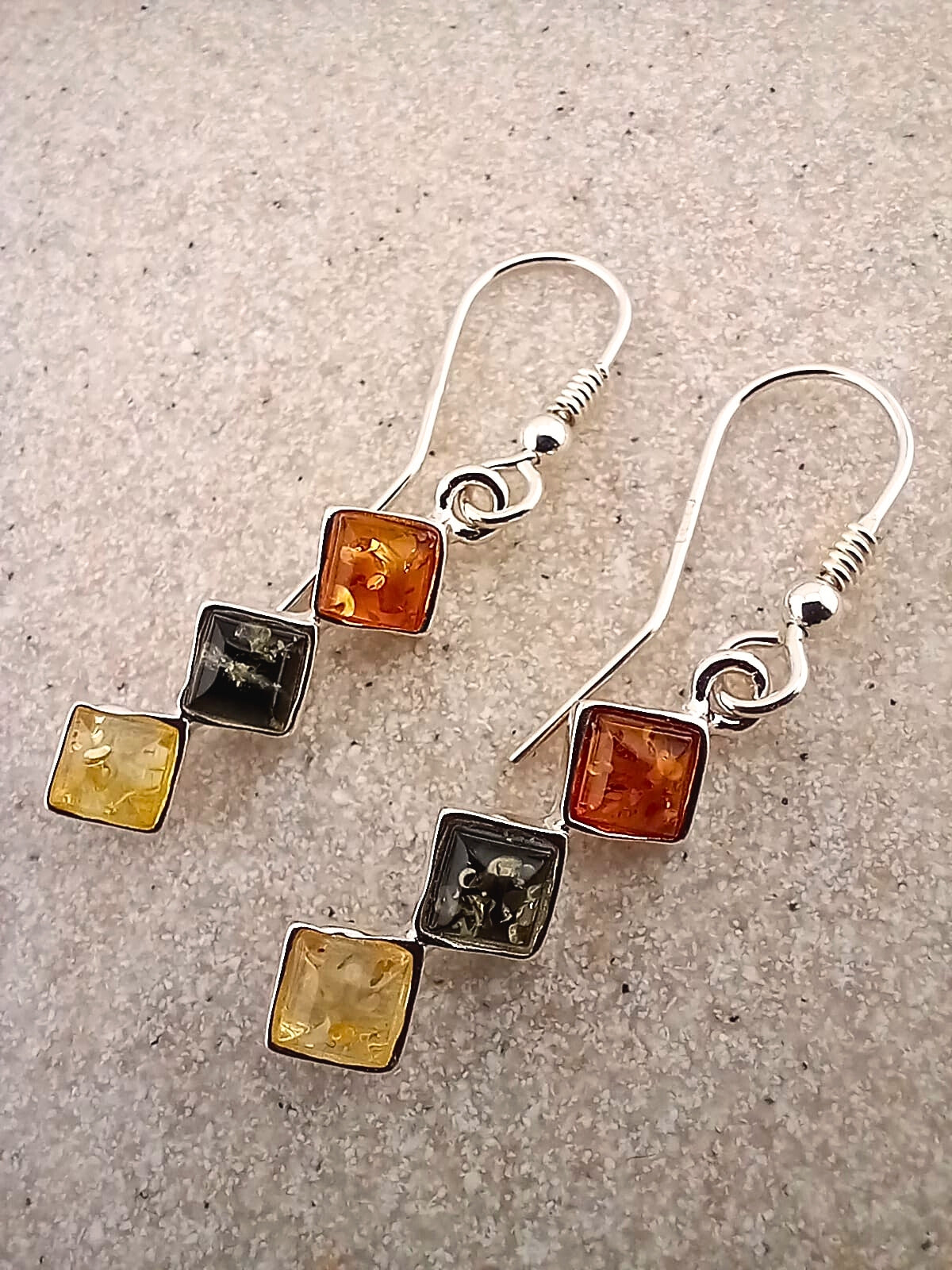 Sterling Silver Trilogy Mixed Amber Drop Earrings