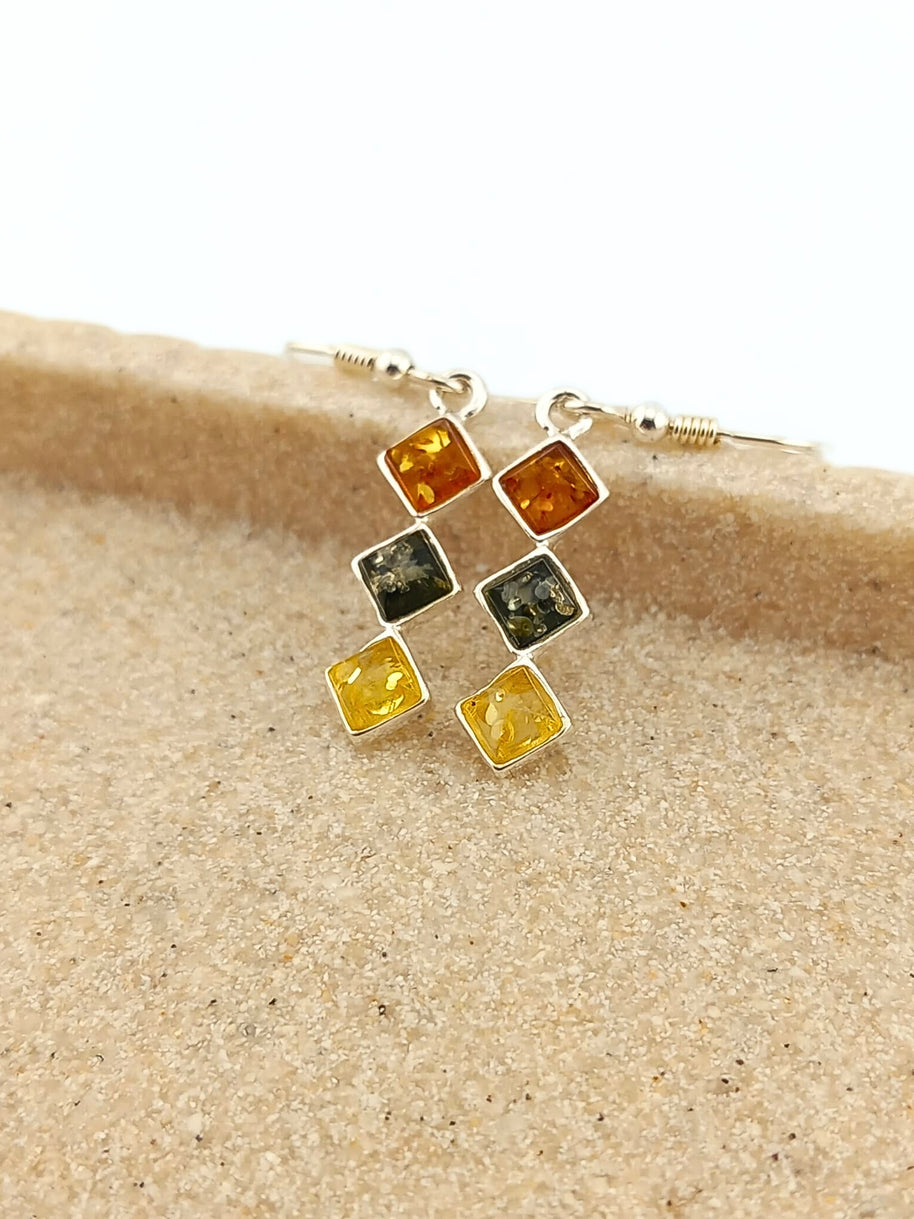 Sterling Silver Trilogy Mixed Amber Drop Earrings