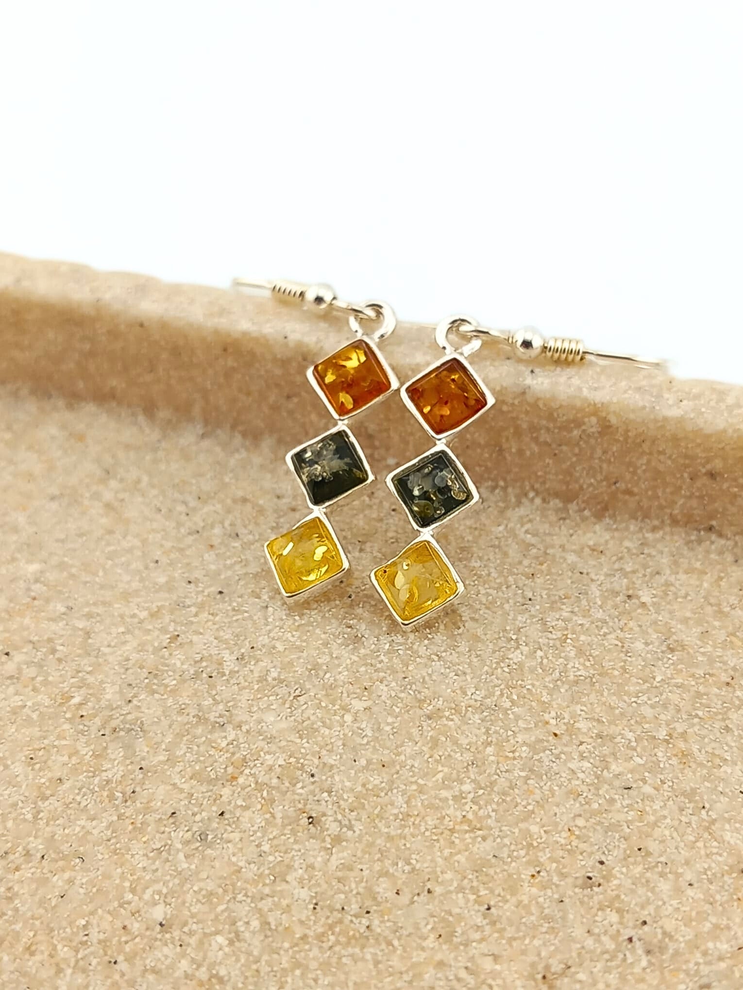 Sterling Silver Trilogy Mixed Amber Drop Earrings