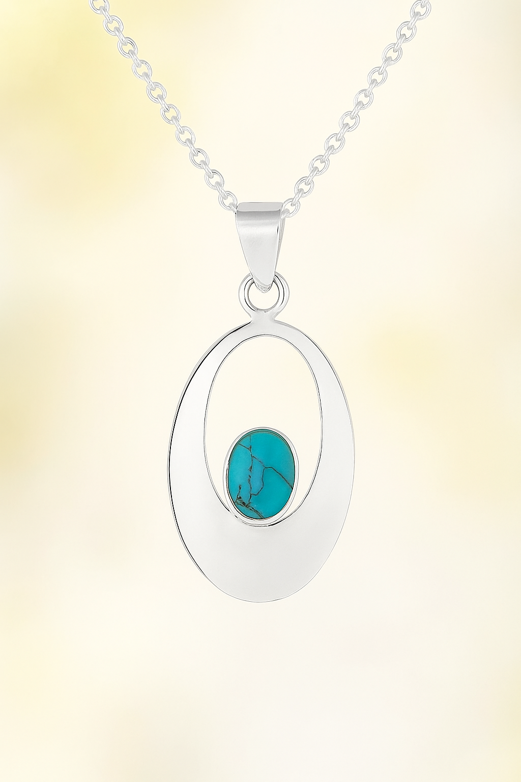 Sterling Silver Oval Turquoise Pendant Necklace – 18” Trace Chain