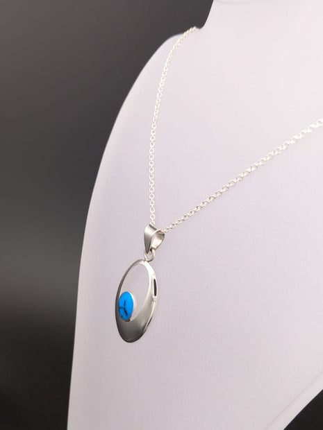 Sterling Silver Oval Turquoise Pendant Necklace – 18” Trace Chain