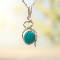 Sterling Silver Double Helix Turquoise Pendant Necklace – 18” Trace Chain