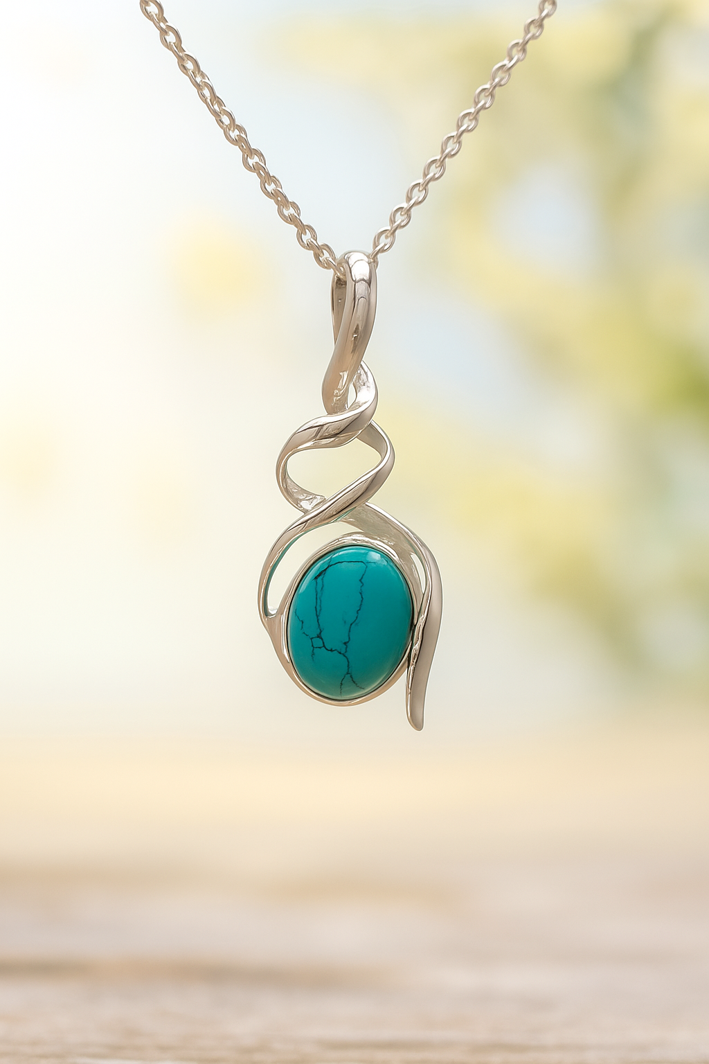 Sterling Silver Double Helix Turquoise Pendant Necklace – 18” Trace Chain