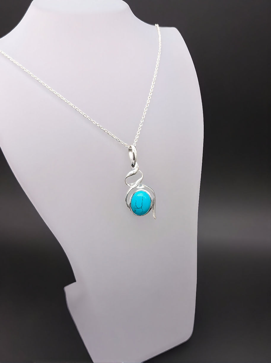 Sterling Silver Double Helix Turquoise Pendant Necklace – 18” Trace Chain
