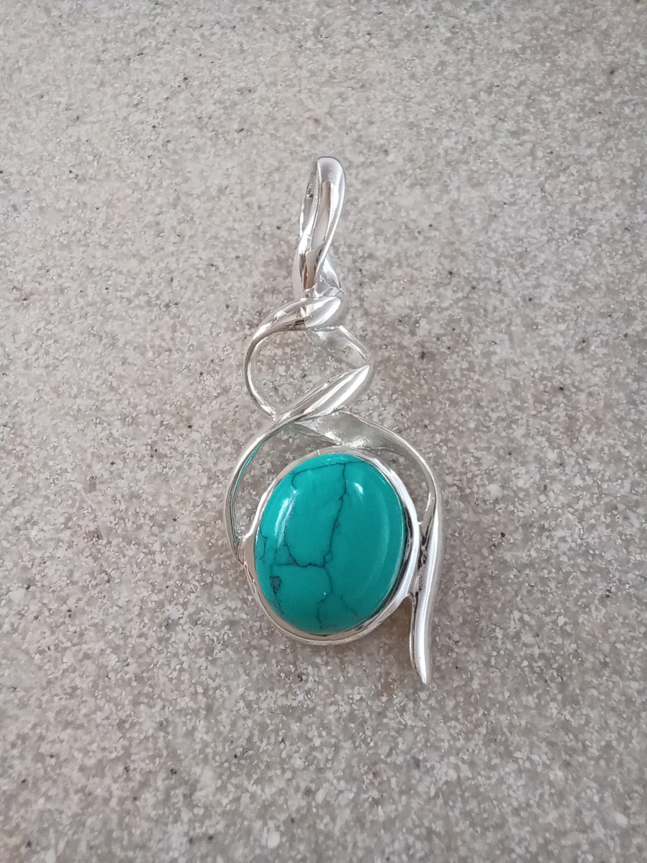 Sterling Silver Double Helix Turquoise Pendant Necklace – 18” Trace Chain