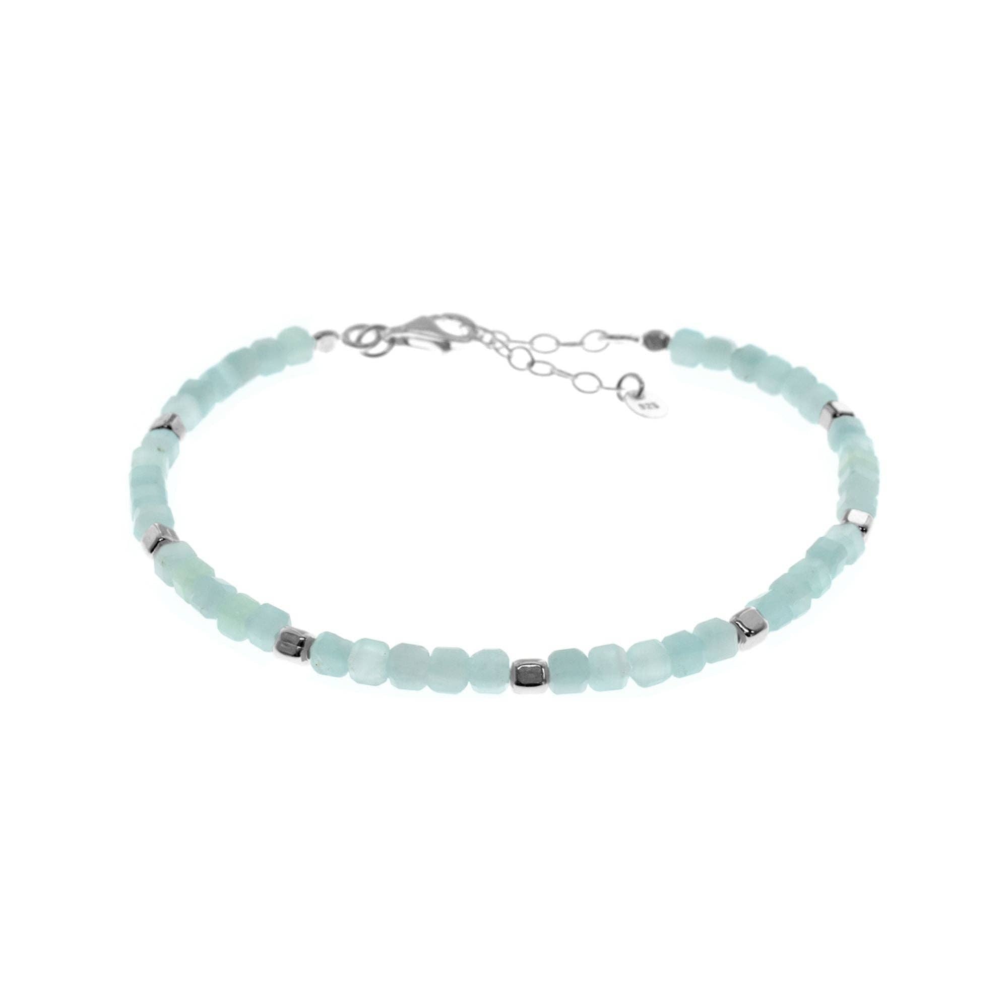 Aquamarine and Sterling Silver Square Bead Bracelet